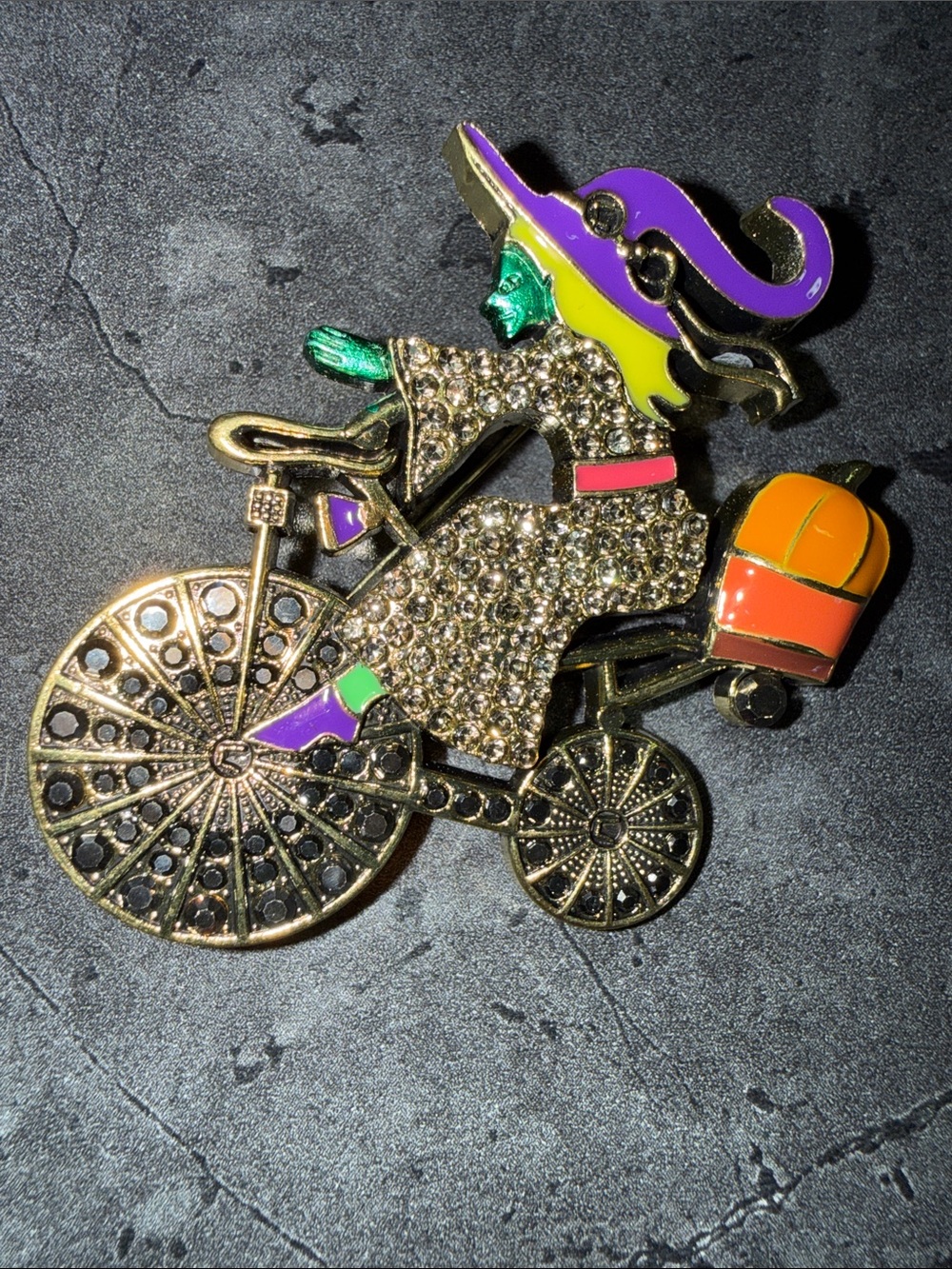 Whimsical Witch on Bicycle Brooch - Multicolor Enamel & Gold